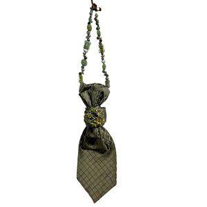 Handcrafted Olive Green Tie Necklace With Beaded Chain & Floral Brooch
